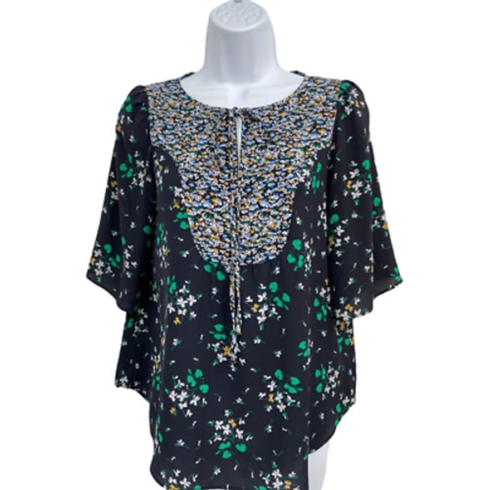 Ann Taylor Petite Blue/Green Floral Print Short Sleeve Top XSP
